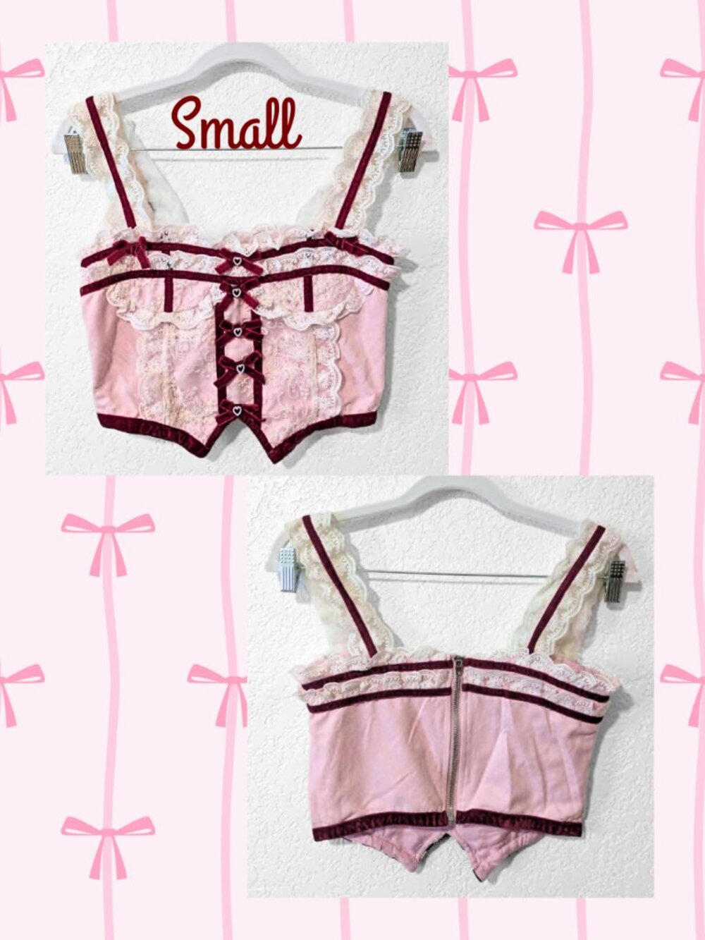 Hand-Customized Pink Lace Coquette Bustier Crop Top Kawaii Hime Gyaru Corset - S